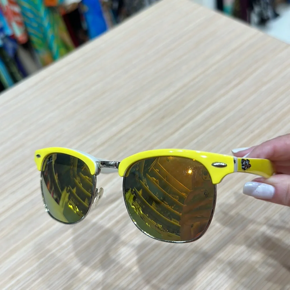 Yellow and White Ray-Ban Sunglasses with Yellow Mirrored Lenses